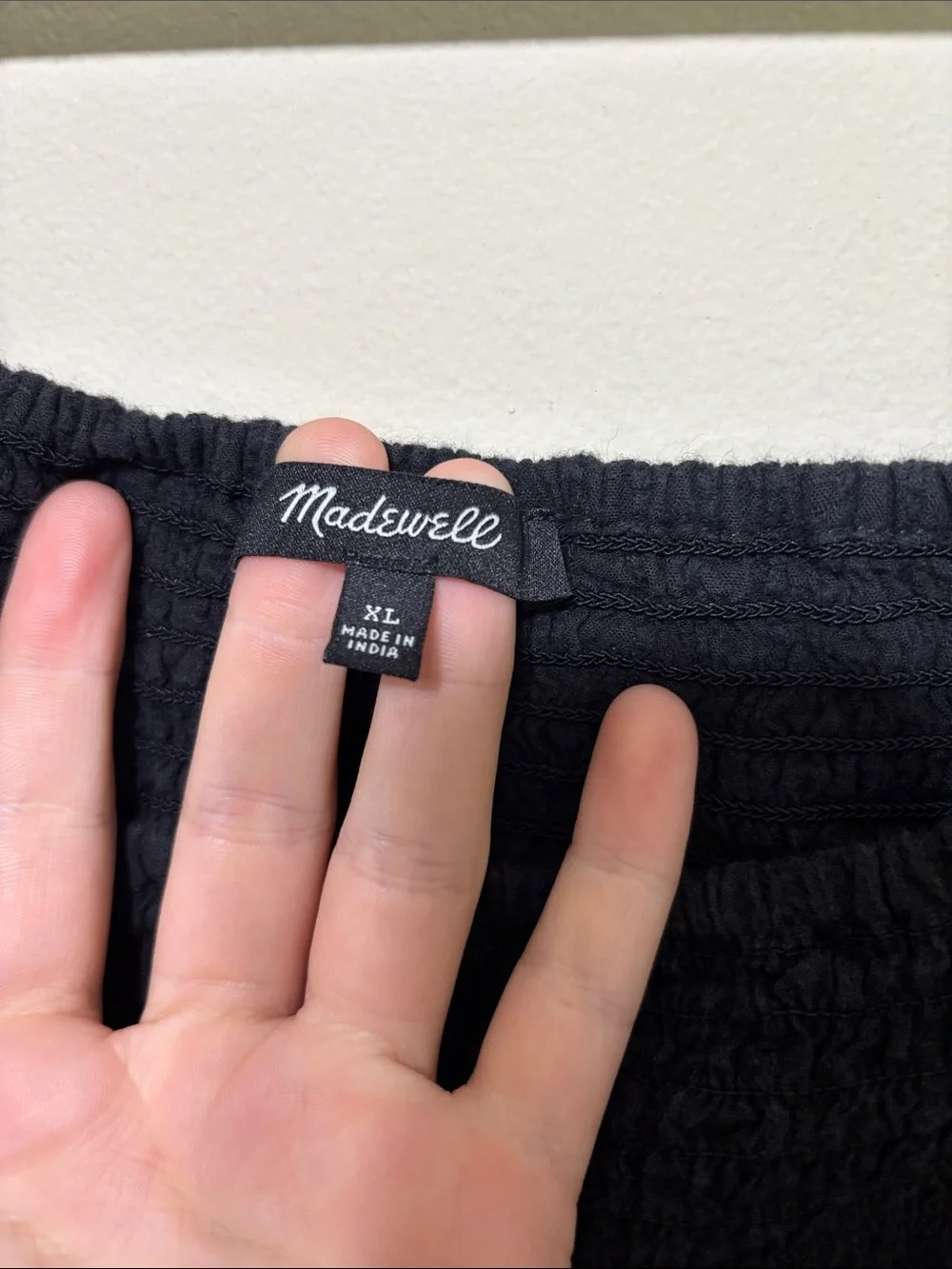 Madewell Black Smocked Puff-Sleeve Square Neck Top